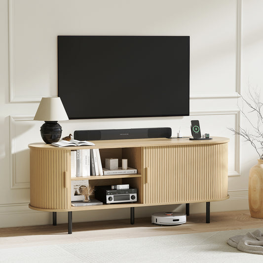 MARNUR 55" TV Stand for 60" TV, Wood Entertainment Center with Storage and Shelves, 2 Sliding Tambour Doors, Mid-Century Modern, Oak