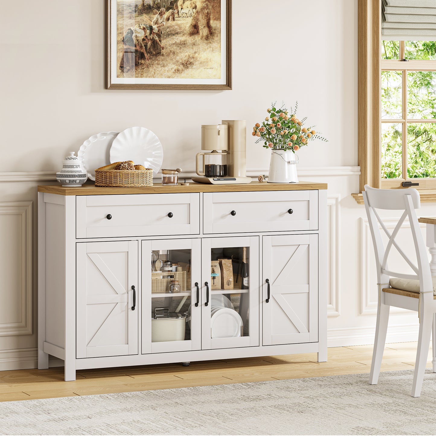 MARNUR Sideboard Buffet Cabinet Farmhouse Style, 55" Storage Cabinet with 2 Drawers 4 Doors, Adjustable Shelves for Kitchen Office Bedroom Hallway Entryway, Oak & White