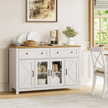 MARNUR Sideboard Buffet Cabinet Farmhouse Style, 55" Storage Cabinet with 2 Drawers 4 Doors, Adjustable Shelves for Kitchen Office Bedroom Hallway Entryway, Oak & White
