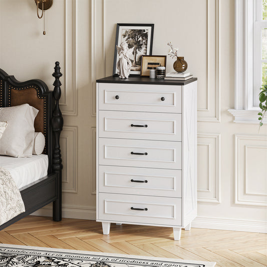 MARNUR Farmhouse 5 Drawer Dresser for Bedroom, 47" Tall Anti-Tip Sturdy Storage Cabinet for Living Room Entryway, for Living Room Entryway, Vintage White & Black