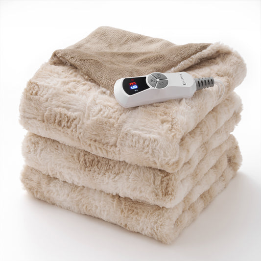 MARNUR Heated Blanket Electric Throw Extra Large Size 50"x72", Soft Faux Fur Heated Throw with 6 Heating Levels 4 Hours Timer Machine Washable, Khaki