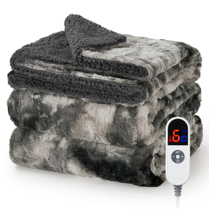 MARNUR Heated Blanket 72"x84" Faux Fur & Sherpa Electric Blanket with 6 Heat Levels, 10H Timer, LED Display, Machine Washable, Tie-Dye Gray