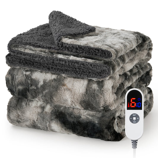 MARNUR Heated Blanket 72"x84" Faux Fur & Sherpa Electric Blanket with 6 Heat Levels, 10H Timer, LED Display, Machine Washable, Tie-Dye Gray