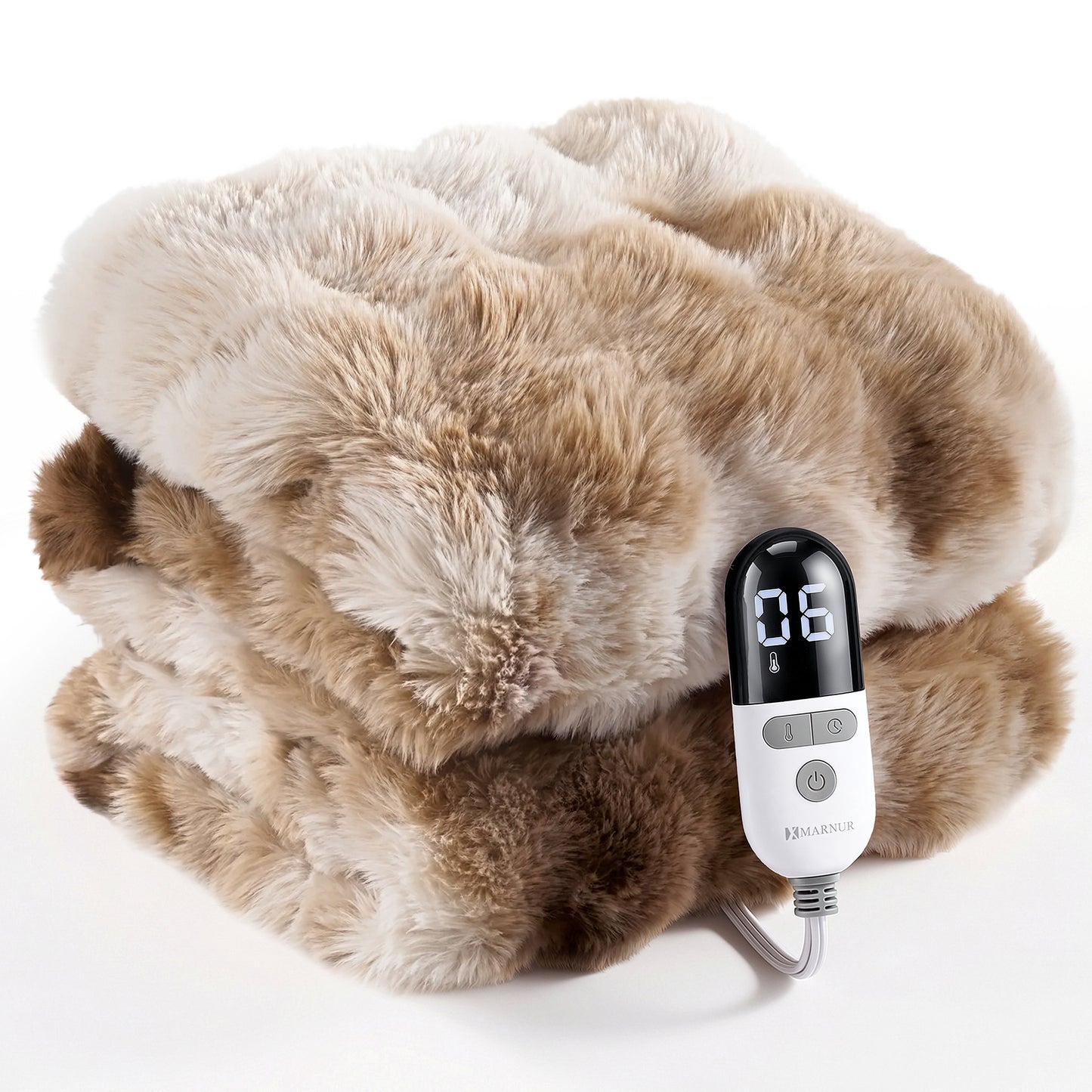MARNUR Heated Bubble Fleece Electric Throw with 4H Timer 6 Heating Levels 50"×60", Long Faux Fur and Soft Flannel for Couch Bed, Machine Washable, Tie-Dye Brown