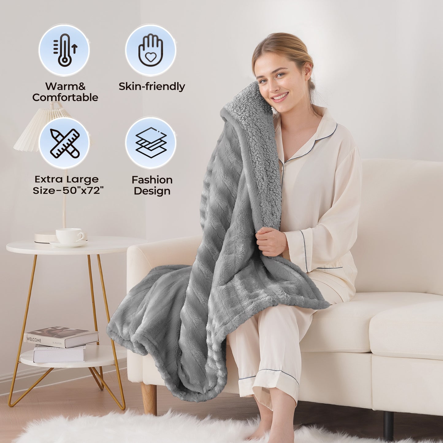 MARNUR Electric Throw Blanket Extra Large Size, 50" x 72" Soft Faux Fur Heated Blanket, 6 Heating Levels, 4 Hours Timer - Gray