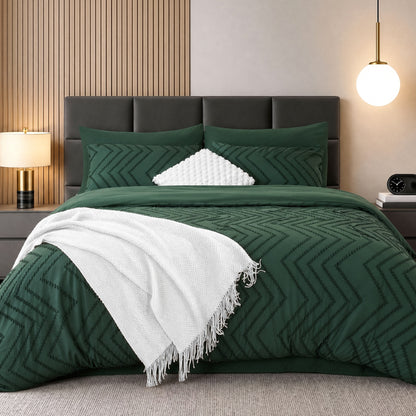 MARNUR Comforter Set King Size, 7 Pieces Boho Tufted Bed in a Bag Prewashed Cotton-Like Soft Bedding Set with Comforter, Sheets, Pillowcases & Shams, Emerald Green