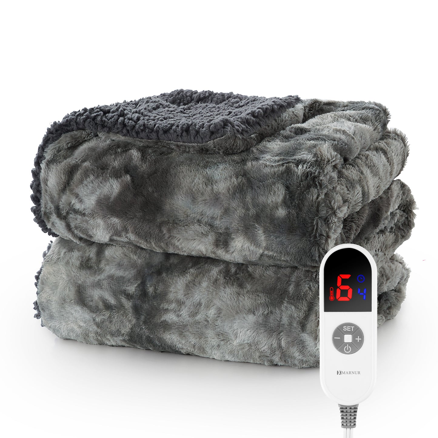 MARNUR Electric Throw Blanket 50" x 60", Soft Faux Fur Heated Blanket with Large LED Display, 6 Heating Levels, 4 Hours Timer, Machine Washable - Tie-dye Gray