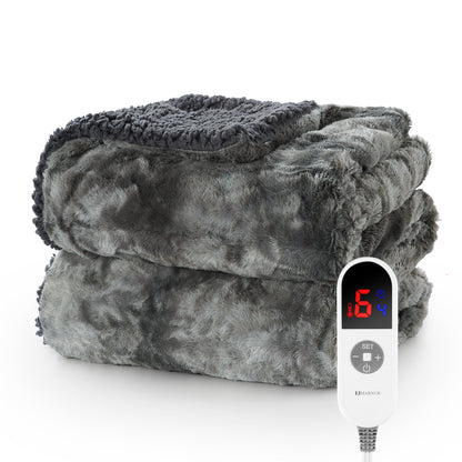 MARNUR Electric Throw Blanket 50" x 60", Soft Faux Fur Heated Blanket with Large LED Display, 6 Heating Levels, 4 Hours Timer, Machine Washable - Tie-dye Gray