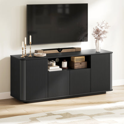 MARNUR Fluted TV Stand for TVs up to 65", 55" Modern Media Console with 3-Sided Fluted Design, Push-to-Open Doors for Living Room, Black