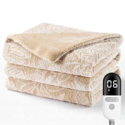 MARUNR Flannel Heated Blanket Electric Throw 50"×60", Irregular Leaf Pattern Heated Throw, 6 Heating Levels and 4H Timer, Machine Washable for Sofa, Office, Home Use, Beige