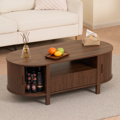 MARNUR Coffee Table with Storage and Tambour Sliding Door, Mid Century Modern Center Table with Drawer for Living Room, Walnut