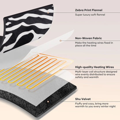 MARNUR Electric Throw Blanket 50" x 60", Soft Flannel, Large LED Display, 6 Heating Levels, 4 Hours Timer, Zebra Pattern