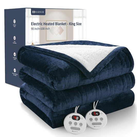 MARNUR Electric Heated Blanket King Size 90''x100'', Fast Heating with Dual Controllers, 10 Heating Levels, 10H Timers, Preheat Function Machine Washable - Dark Blue