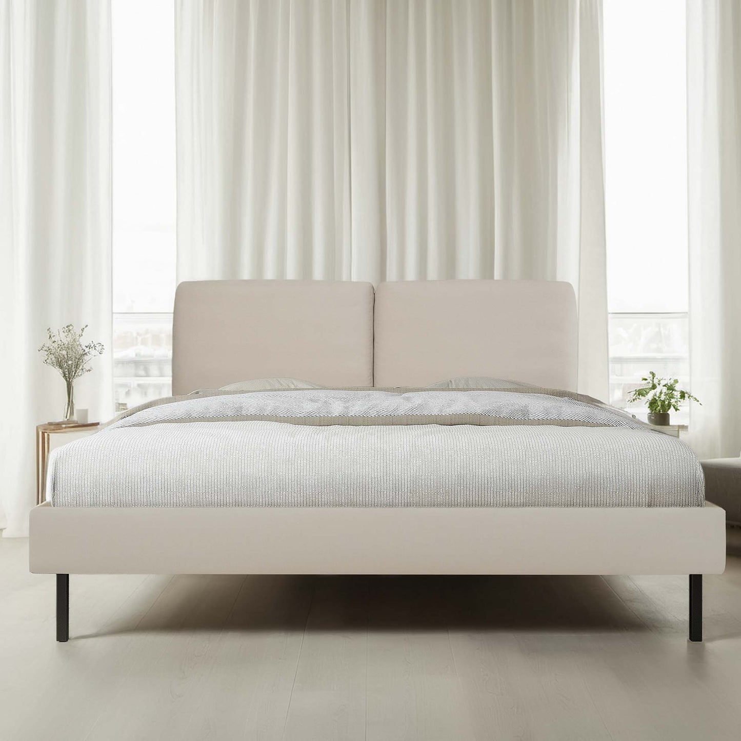 MARNUR Bed Frame Queen Size with Linen Fabric Adjustable Upholstered Headboard, Wooden Slats Support, Khaki