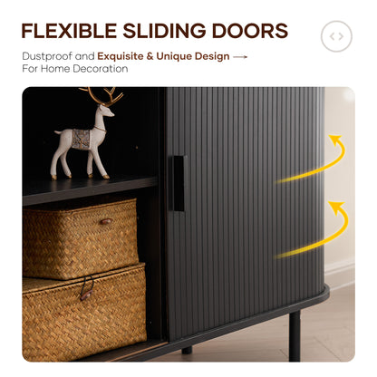 MARNUR Sideboard Buffet Cabinet 55" Storage Cabinet with 2 Sliding Tambour Doors, Adjustable Shelves for Kitchen Office Bedroom Hallway Entryway, Black