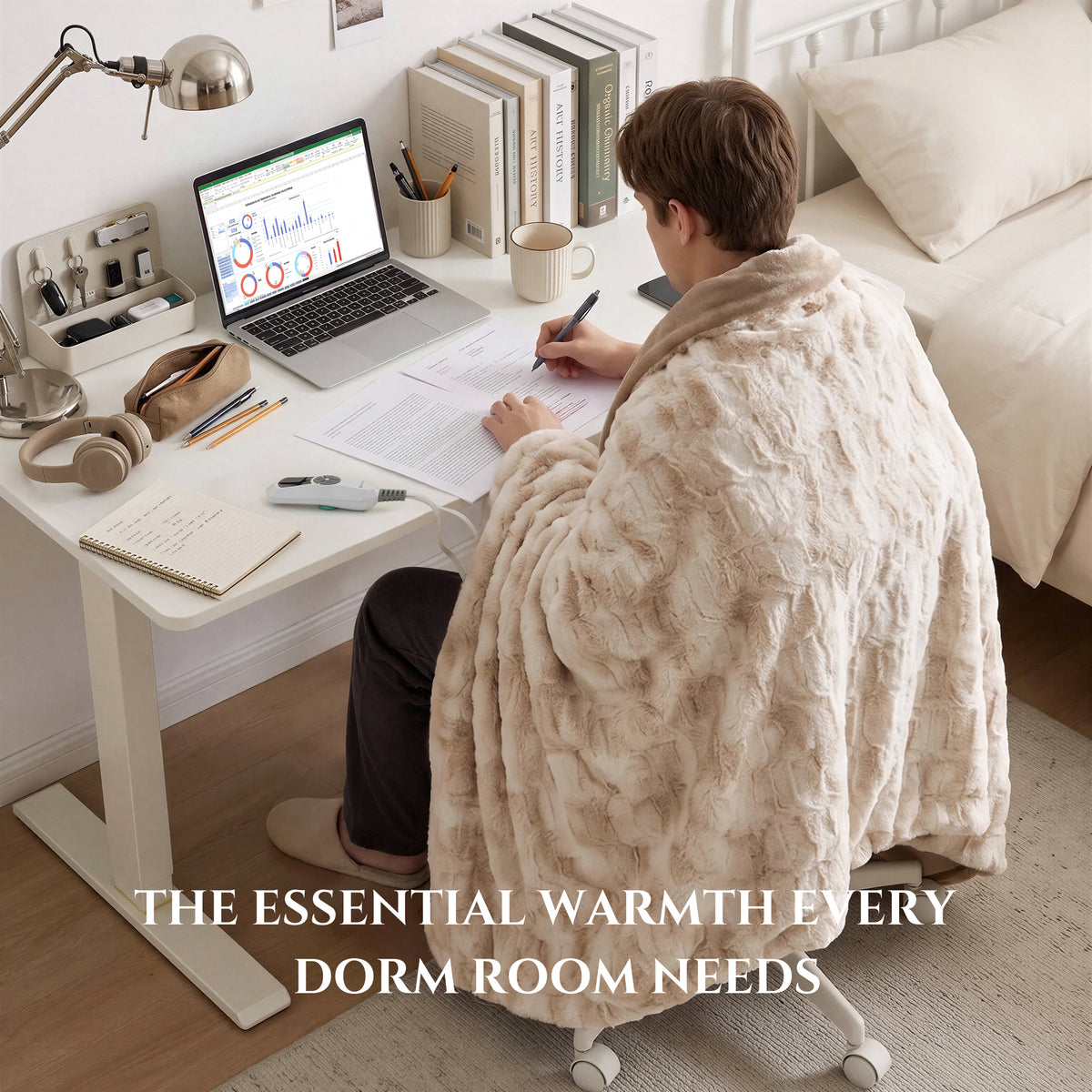 MARNUR Heated Blanket Electric Throw Extra Large Size 50"x72", Soft Faux Fur Heated Throw with 6 Heating Levels 4 Hours Timer Machine Washable, Khaki