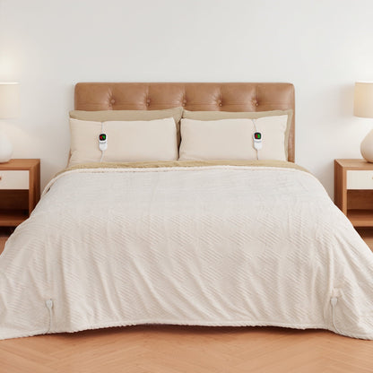 MARNUR Electric Heated Blanket Queen Size, Jacquard Faux Fur & Sherpa, Dual Controllers, 10H Timer, 10 Heat Levels, Machine Washable, 84"x90", White
