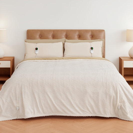 MARNUR Electric Heated Blanket Queen Size, Jacquard Faux Fur & Sherpa, Dual Controllers, 10H Timer, 10 Heat Levels, Machine Washable, 84"x90", White