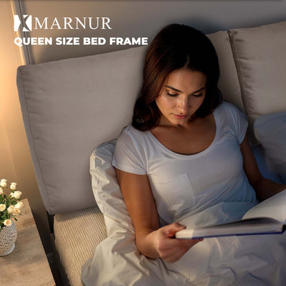 MARNUR Bed Frame Queen Size with Linen Fabric Adjustable Upholstered Headboard, Wooden Slats Support, Khaki