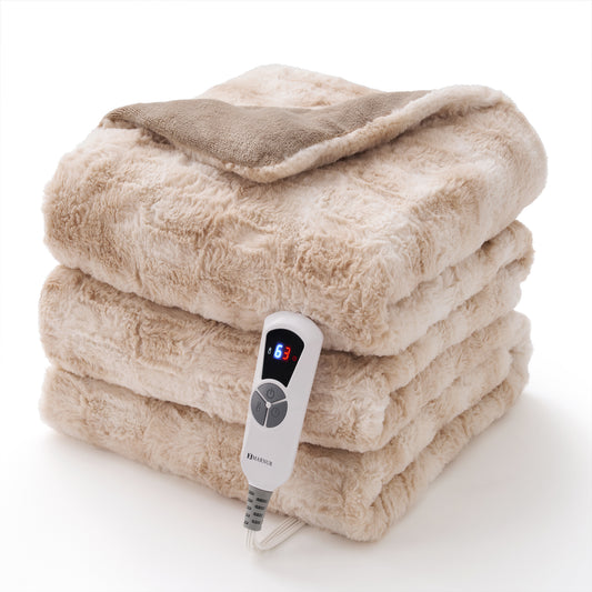 MARNUR Heated Blanket Electric Throw Extra Large Size 50"x72", Soft Faux Fur Heated Throw with 6 Heating Levels 4 Hours Timer Machine Washable, Khaki