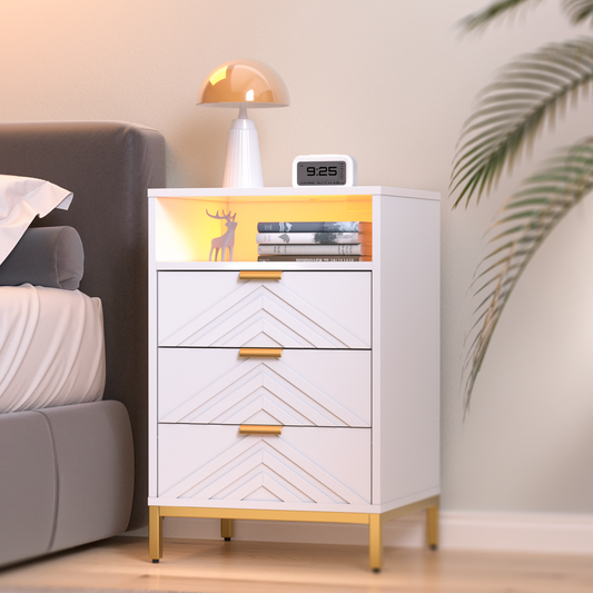 MARNUR LED Nightstand with 3 Drawers, Charging Station, White Modern Night Table High Gloss End Side Table for Bedroom
