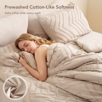 MARNUR Comforter Set Full Size, 7 Pieces Boho Tufted Bed in a Bag Prewashed Cotton-Like Soft Bedding Set with Comforter, Sheets, Pillowcases & Shams, Beige