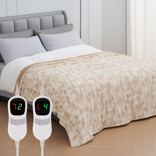 MARNUR Electric Blanket Faux Fur Queen Size 84"x90",Fast Heating with Dual Controllers,10 Heating Levels, 10 Hours Timer, Khaki