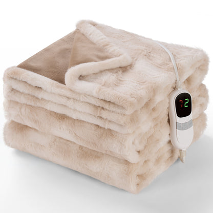MARNUR Electric Heated Blanket Full Size, Faux Fur,10 Heating Levels, 10 Hours Timer, Machine Washable, 72"x84", Khaki