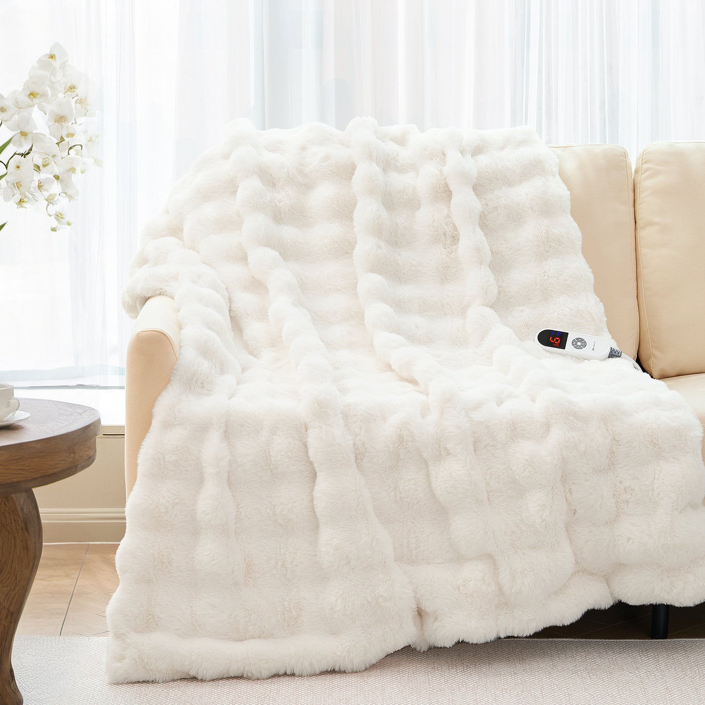 MARNUR 50"x60" Electric Blanket, Faux Fur Heated Blanket, 6 Heating Levels, 4-Hour Timer, White