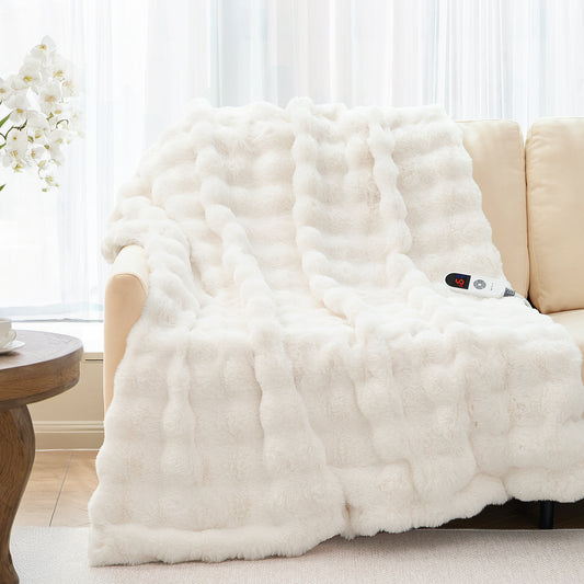 MARNUR 50"x60" Electric Blanket, Faux Fur Heated Blanket, 6 Heating Levels, 4-Hour Timer, White