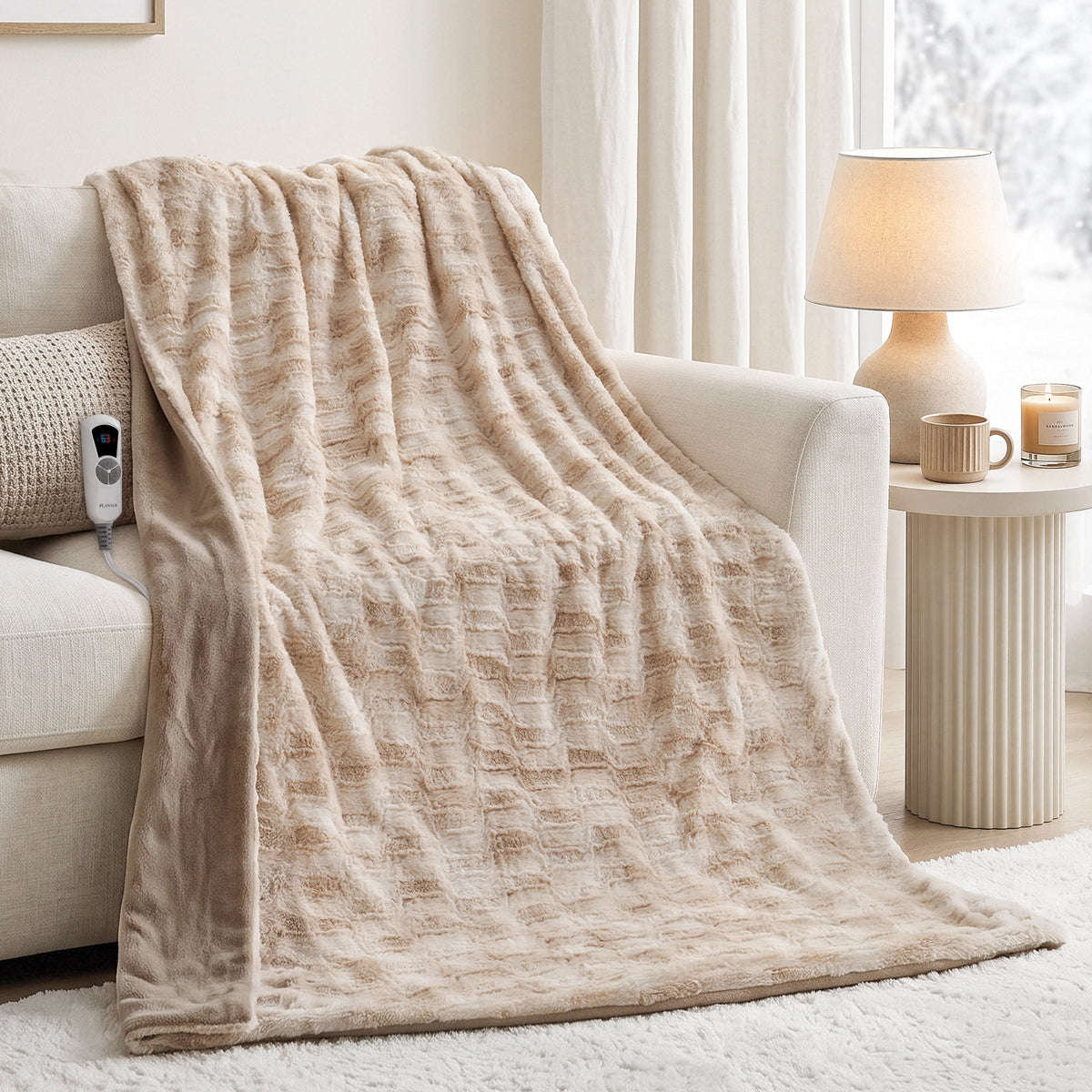 MARNUR Heated Blanket Electric Throw Extra Large Size 50"x72", Soft Faux Fur Heated Throw with 6 Heating Levels 4 Hours Timer Machine Washable, Khaki