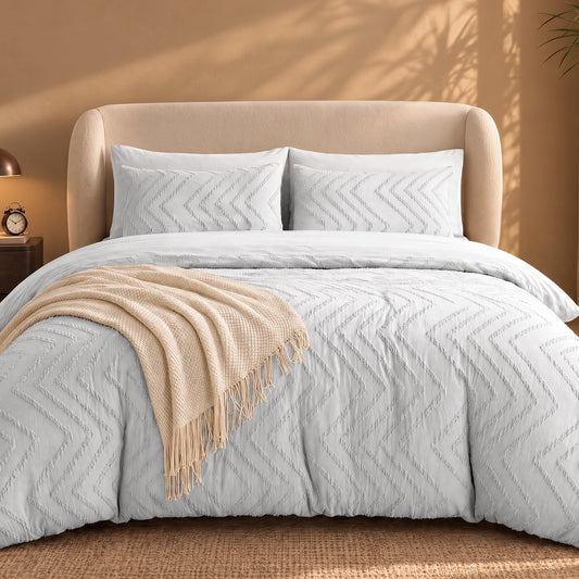 MARNUR Queen Comforter Set, 7 Pieces Boho Tufted Bed in a Bag, All-Season Prewashed Soft Bedding Set with Comforter, Sheets, Pillowcases & Shams, Silver Grey