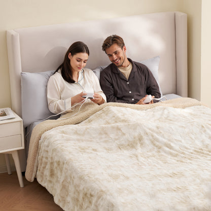 MARNUR Heated Blanket Queen Size, Faux Fur & Sherpa, Dual Controllers, 10 Heat Levels, 10H Timer, 84" x 90", Tie-Dye Off White