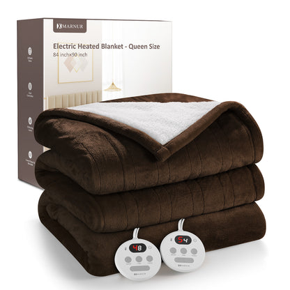 MARNUR Electric Heated Blanket Queen Size 84''x90'', Fast Heating with Dual Controllers, 10 Heating Levels, 10H Timers, Preheat Function Machine Washable - Brown