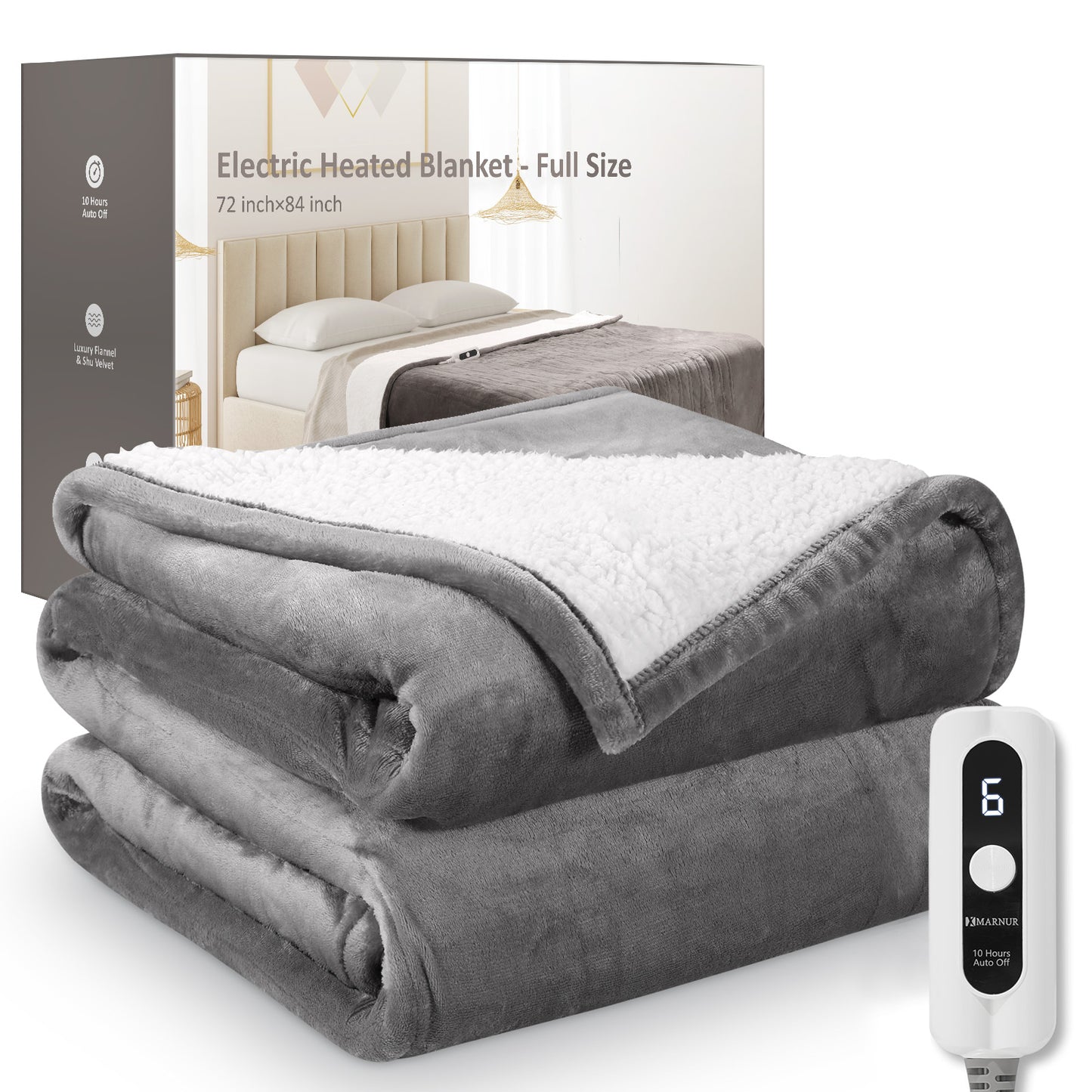 MARNUR Electric Blanket Full Size 72"x84" Heated Blanket Flannel & Shu Velveteen with 6 Heating Levels, 10H Auto-off, Machine Washable