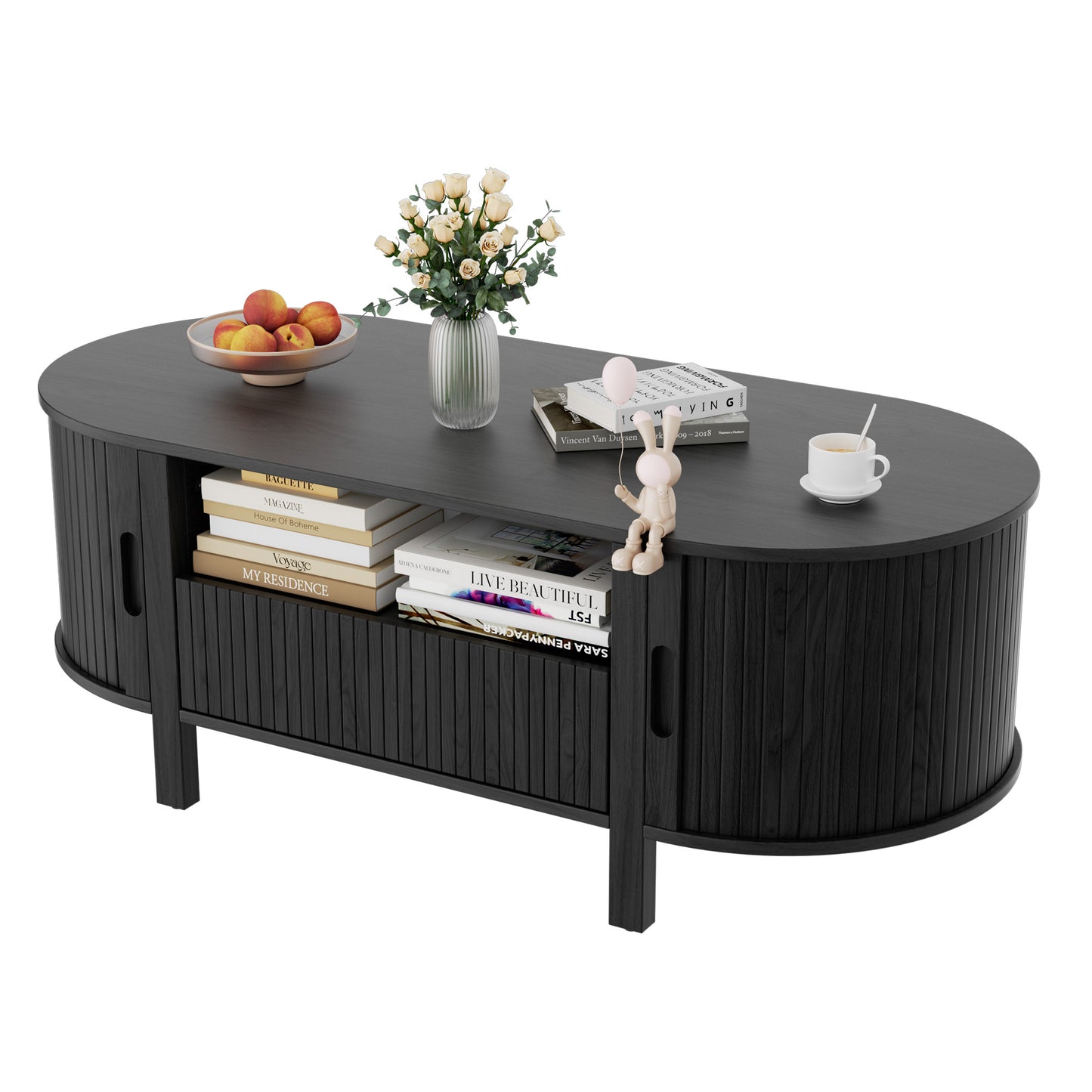 MARNUR Fluted Coffee Table with Storage, Mid Century Modern Center with Sliding Tambour Door for Living Room, Black