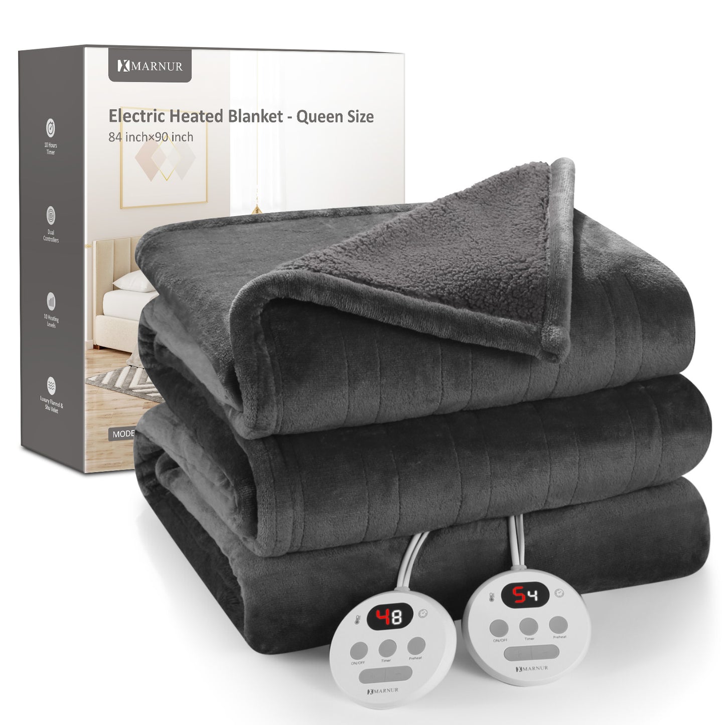 MARNUR Electric Heated Blanket Queen Size 84''x90'', Fast Heating with Dual Controllers, 10 Heating Levels, 10H Timers, Preheat Function Machine Washable - Gray