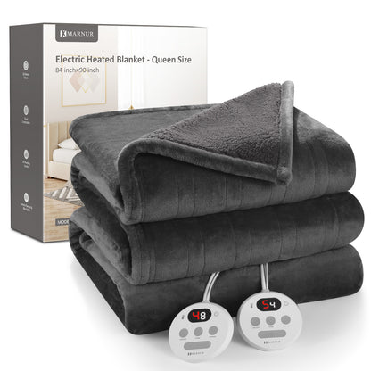 MARNUR Electric Heated Blanket Queen Size 84''x90'', Fast Heating with Dual Controllers, 10 Heating Levels, 10H Timers, Preheat Function Machine Washable - Gray