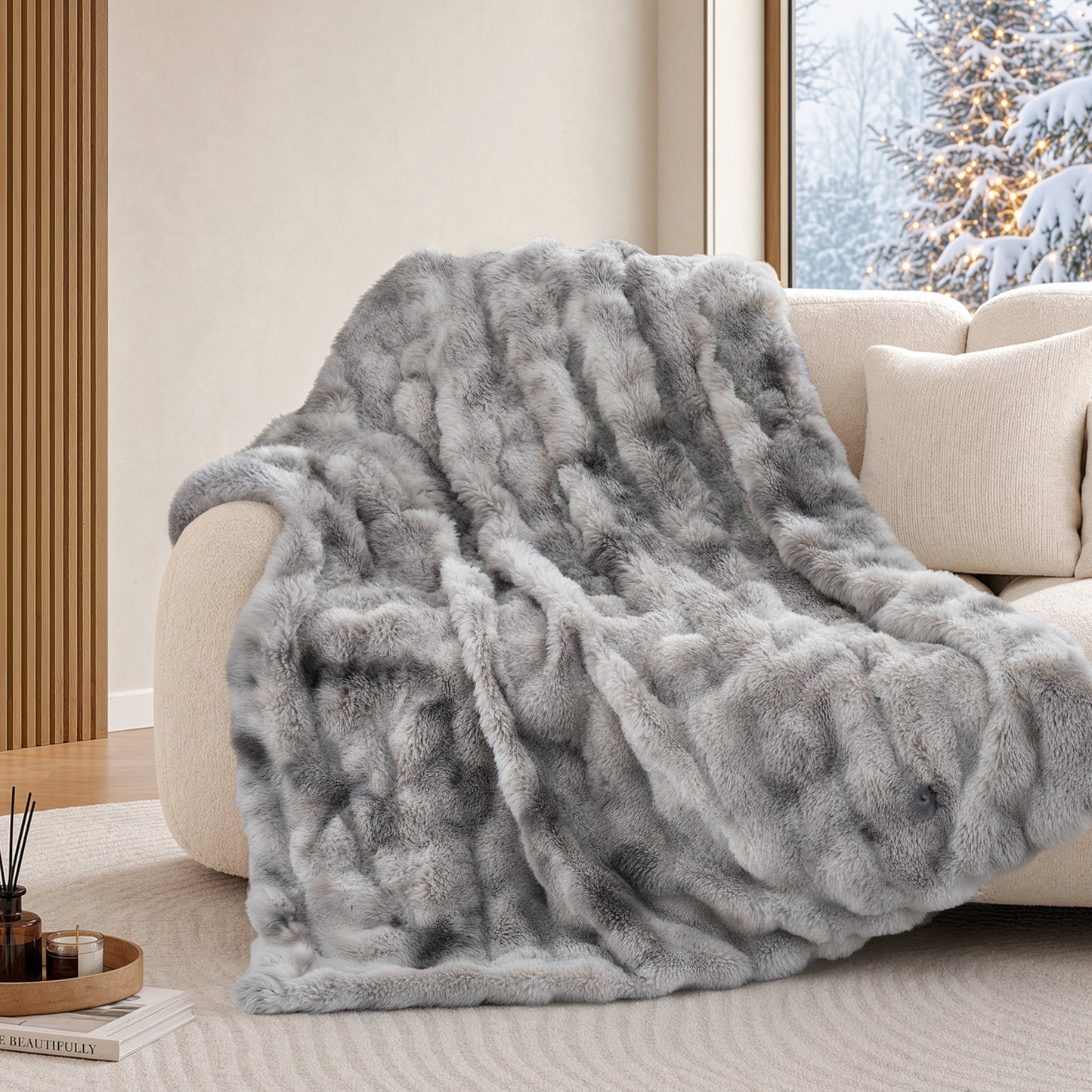 MARNUR Heated Bubble Fleece Electric Throw with 4H Timer 6 Heating Levels 50"×60", Long Faux Fur and Soft Flannel for Couch Bed, Machine Washable, Tie-Dye Gray