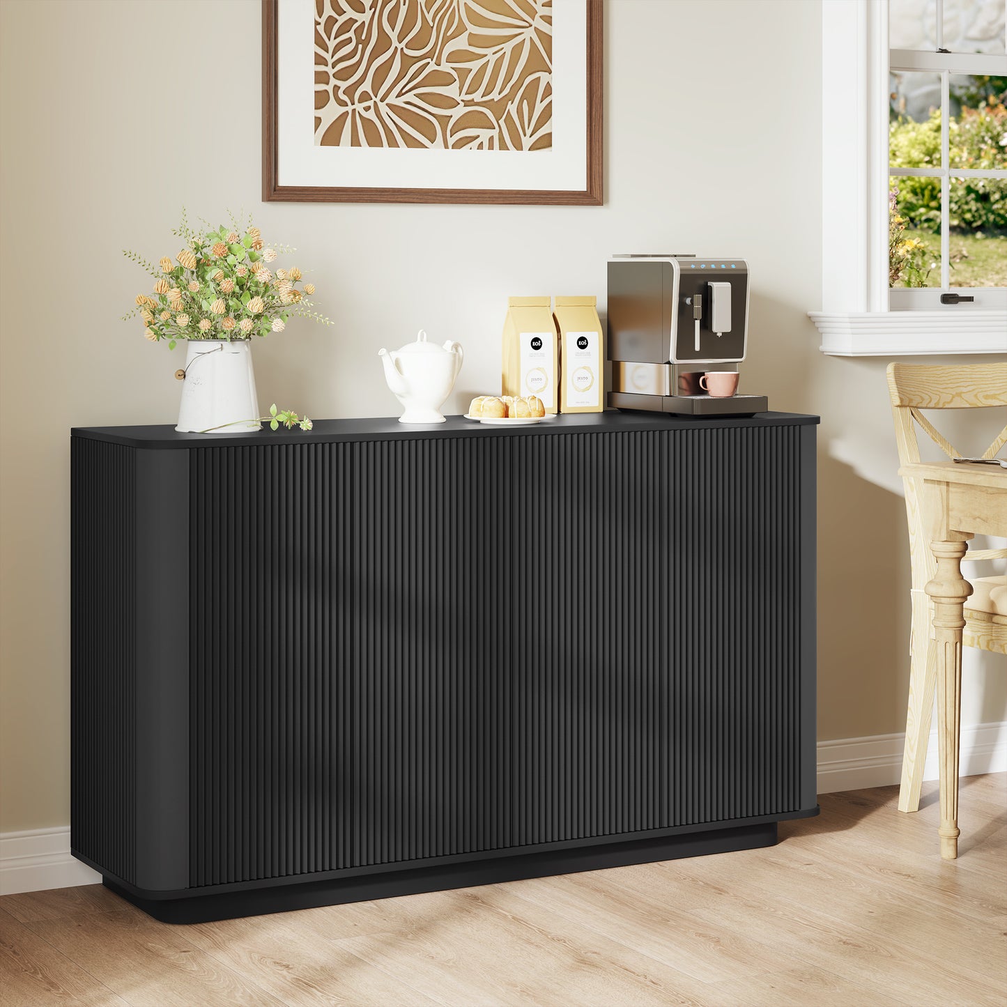 MARNUR Sideboard Buffet Cabinet, Storage Cabinet 55"W with Adjustable Shelves, Anti-Tip, Easy Clean Top, Stylish Wave Style, Black