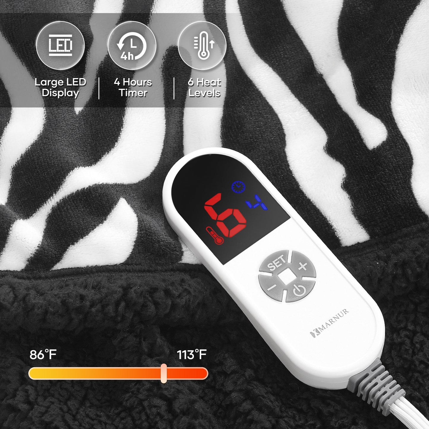 MARNUR Electric Throw Blanket 50" x 60", Soft Flannel, Large LED Display, 6 Heating Levels, 4 Hours Timer, Zebra Pattern