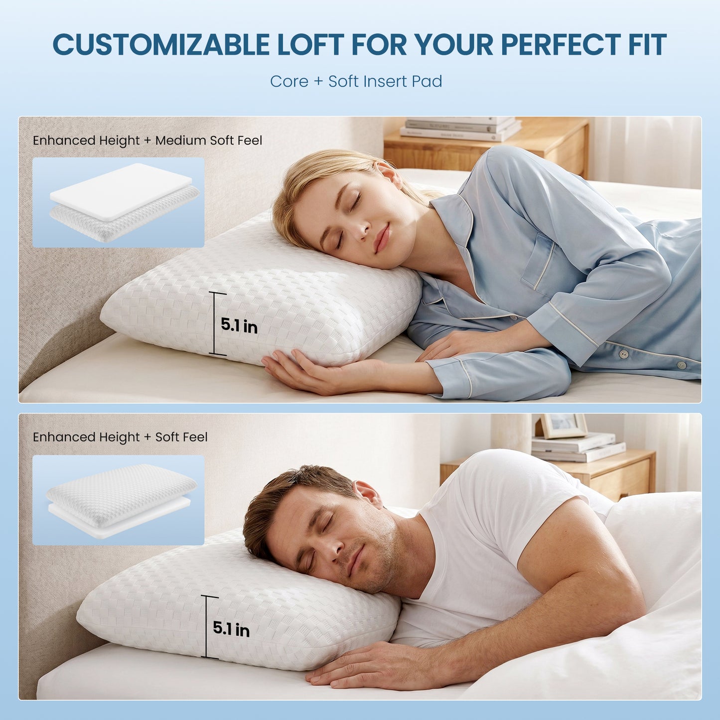 MARNUR Memory Foam Pillow for Bed, Cooling Pillow with Extra Height Pad, Cervical Neck Support Bed Pillow for Side, Back & Stomach Sleepers, Queen Size