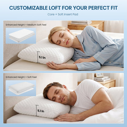 MARNUR Memory Foam Pillow for Bed, Cooling Pillow with Extra Height Pad, Cervical Neck Support Bed Pillow for Side, Back & Stomach Sleepers, Queen Size