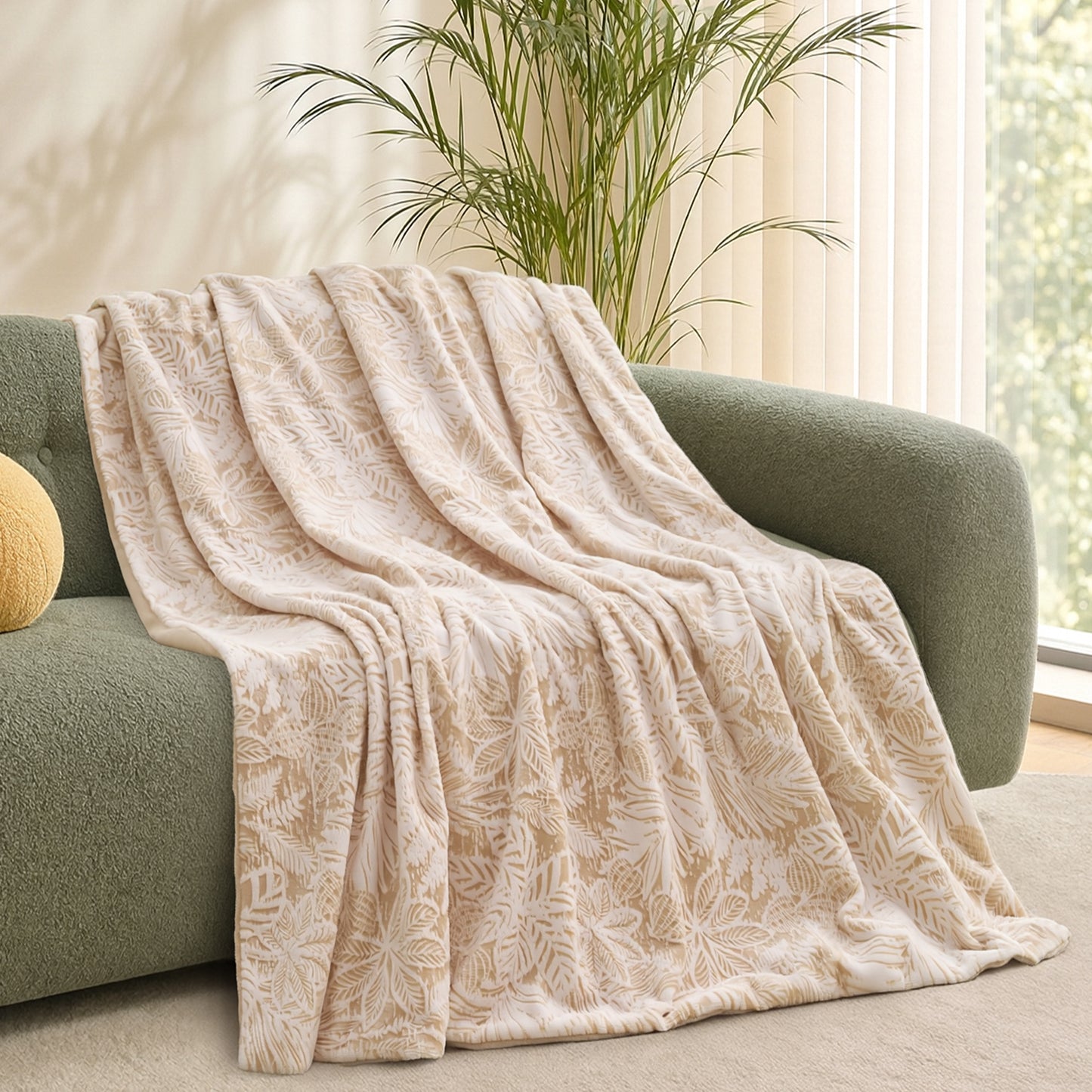 MARUNR Flannel Heated Blanket Electric Throw 50"×60", Irregular Leaf Pattern Heated Throw, 6 Heating Levels and 4H Timer, Machine Washable for Sofa, Office, Home Use, Beige