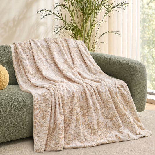 MARUNR Flannel Heated Blanket Electric Throw 50"×60", Irregular Leaf Pattern Heated Throw, 6 Heating Levels and 4H Timer, Machine Washable for Sofa, Office, Home Use, Beige