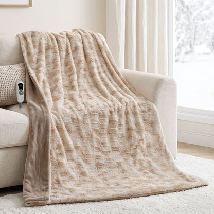 MARNUR Heated Blanket Electric Throw Extra Large Size 50"x72", Soft Faux Fur Heated Throw with 6 Heating Levels 4 Hours Timer Machine Washable, Khaki