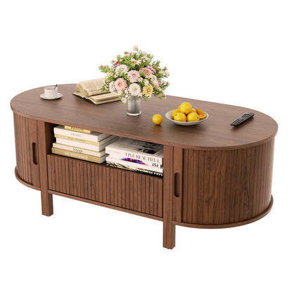 MARNUR Fluted Coffee Table with Storage, Mid Century Modern Center with Sliding Tambour Door for Living Room, Walnut