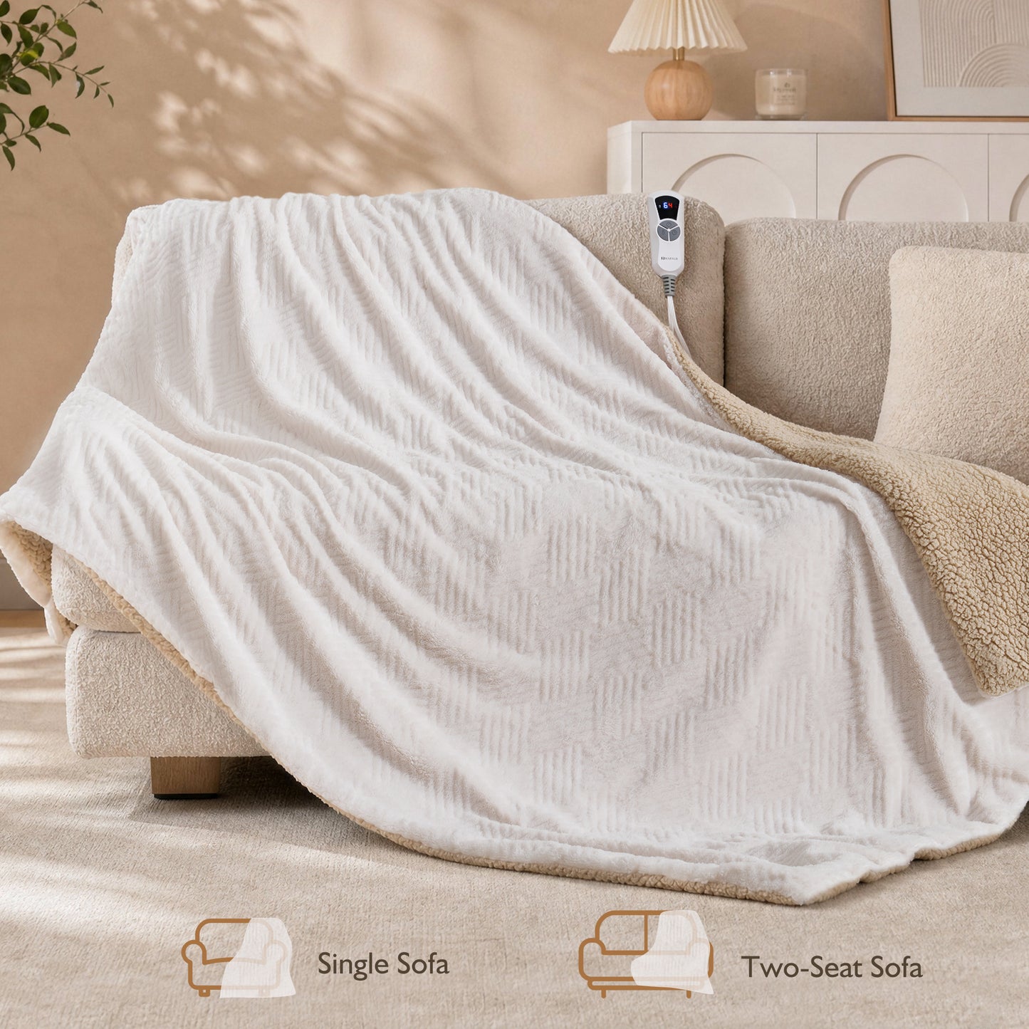 MARNUR Heated Blanket Extra-Large Electric Throw, White Jacquard Faux Fur and Sherpa, Machine Washable Heated Throw Blanket, 4H Timer & 10 Heat Levels, for home, Sofa, Office, 50"x 72"