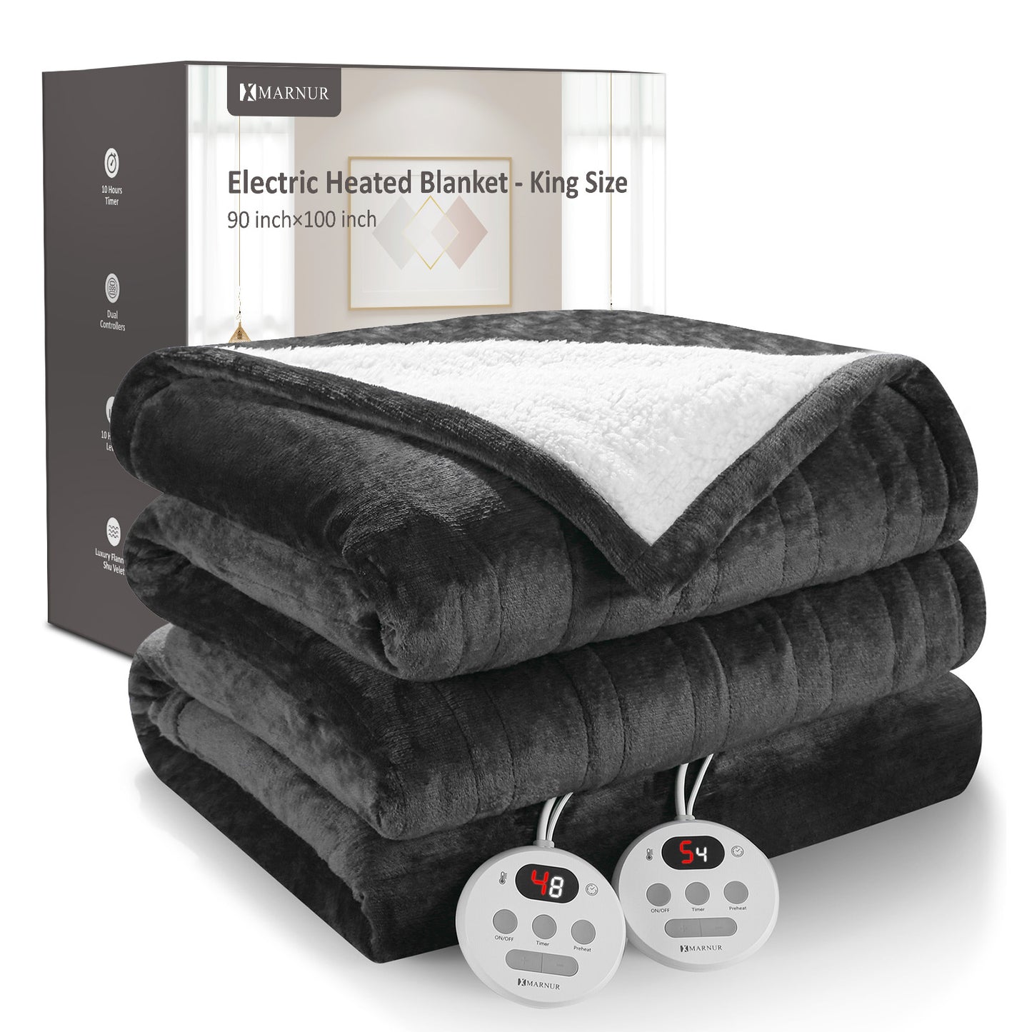 MARNUR Electric Heated Blanket King Size 90''x100'', Fast Heating with Dual Controllers, 10 Heating Levels, 10H Timers, Preheat Function Machine Washable - Dark Gray