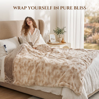 MARNUR Heated Blanket Full, Faux Fur Electric Blanket,6 Heating Levels, 10 Hours Timer, Machine Washable, 72"x84", Khaki